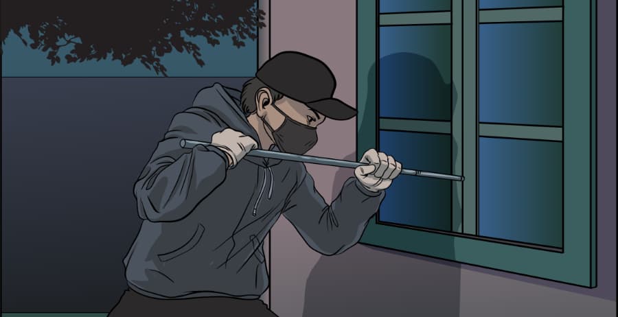Illustration of burglar forcing entry through a window in Saginaw