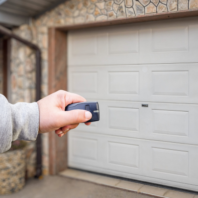 Saginaw security key fob pointing to a garage door